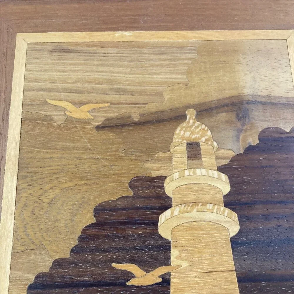 MCM Vintage Framed Marquetry Wood‎ Inlay Wall Hanging Lighthouse 10 x 13